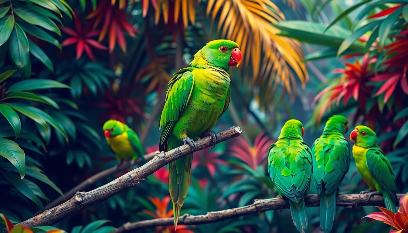 2 green parrot bird
